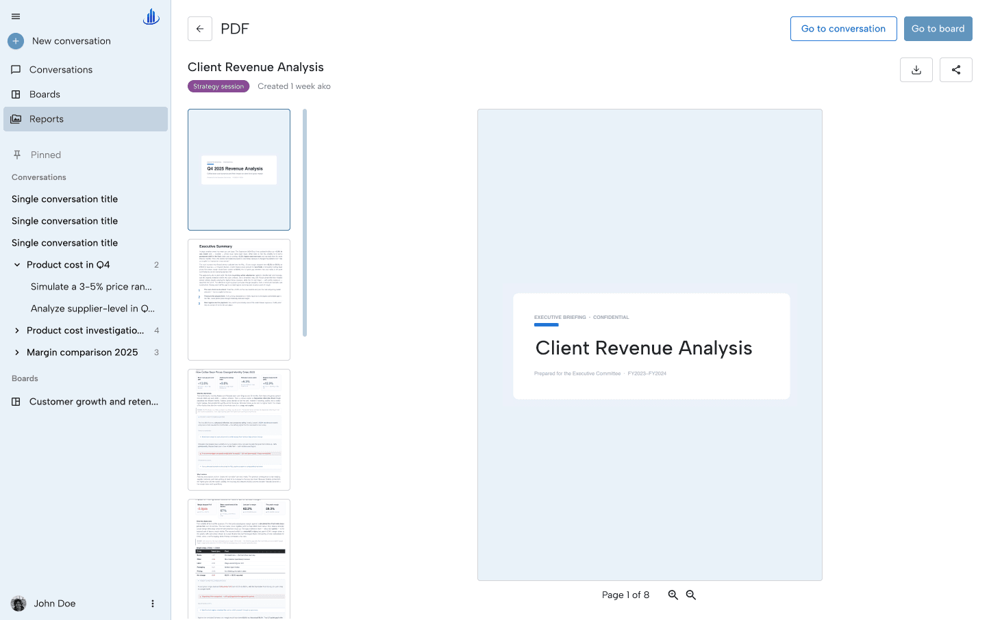 An ActBI PDF report: an eight-page executive briefing with the title page open and page thumbnails in the left column.