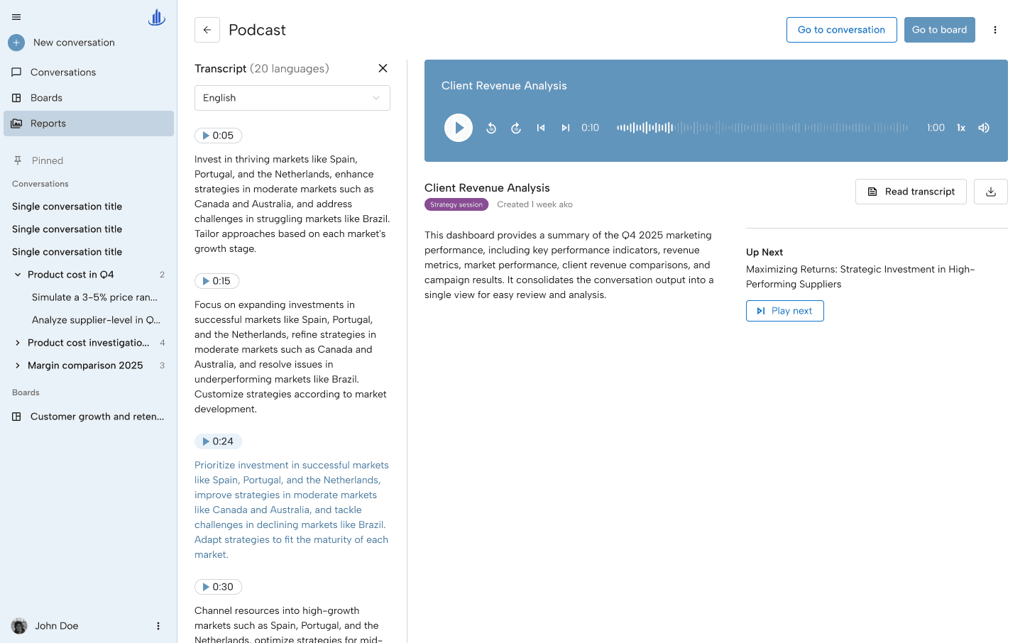 An ActBI podcast report: an audio player with a waveform, a time-coded transcript, and an Up Next panel.