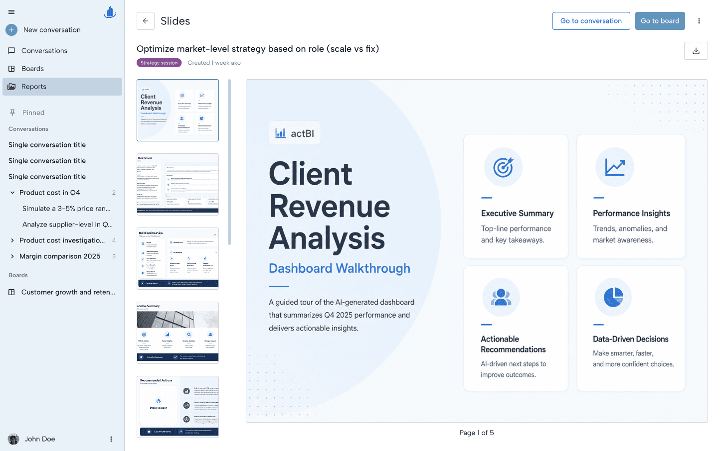 An ActBI slides report: a generated five-page deck with the Client Revenue Analysis title slide open and page thumbnails alongside.