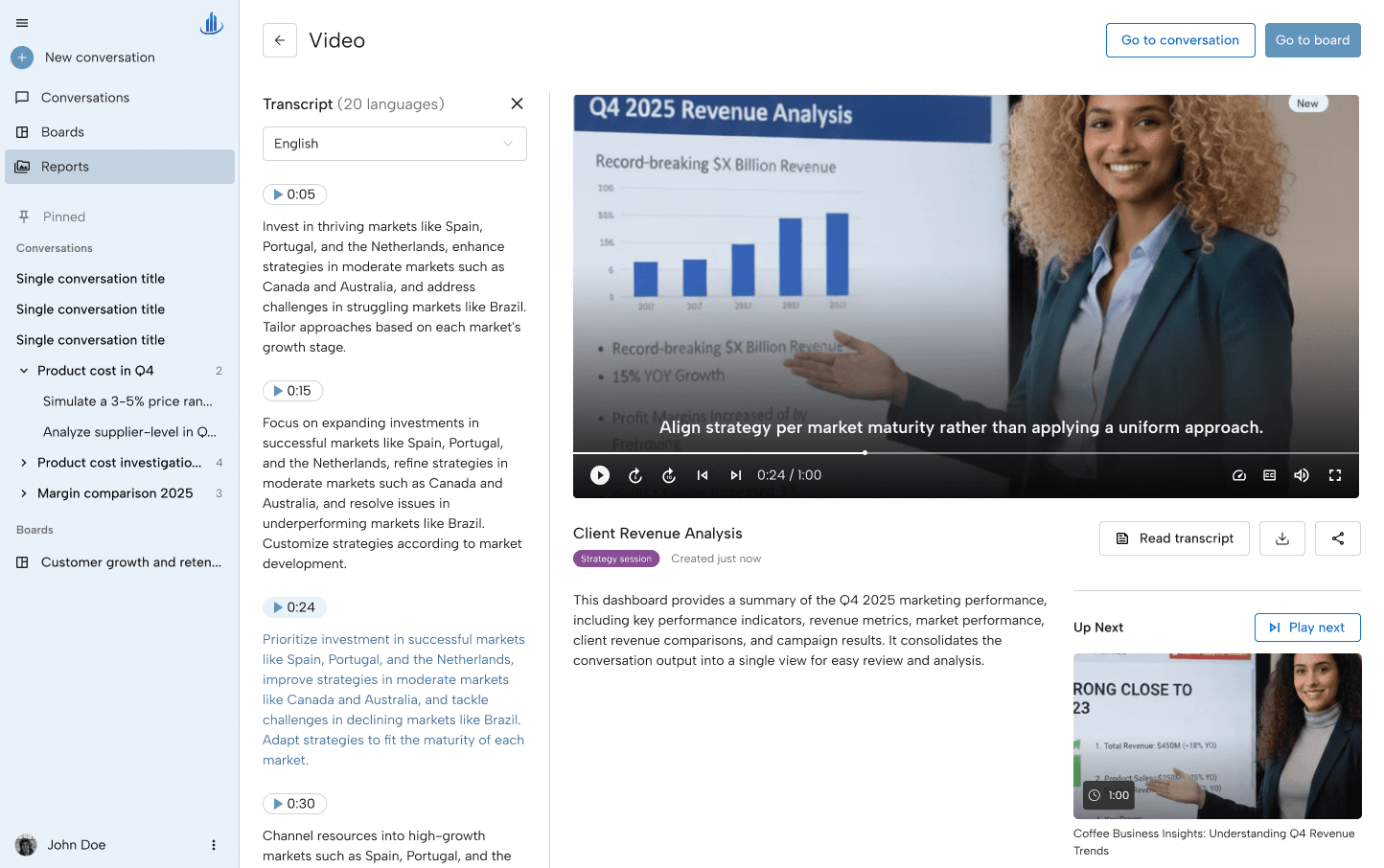 An ActBI video report: a presenter walking through a Q4 revenue chart with captions, and a time-coded English transcript in the left column.